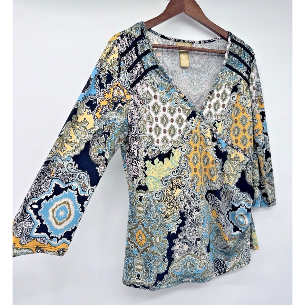 Miss Tina By Tina Knowles stretch faux wrap Y2K stretch blouse L patchwork